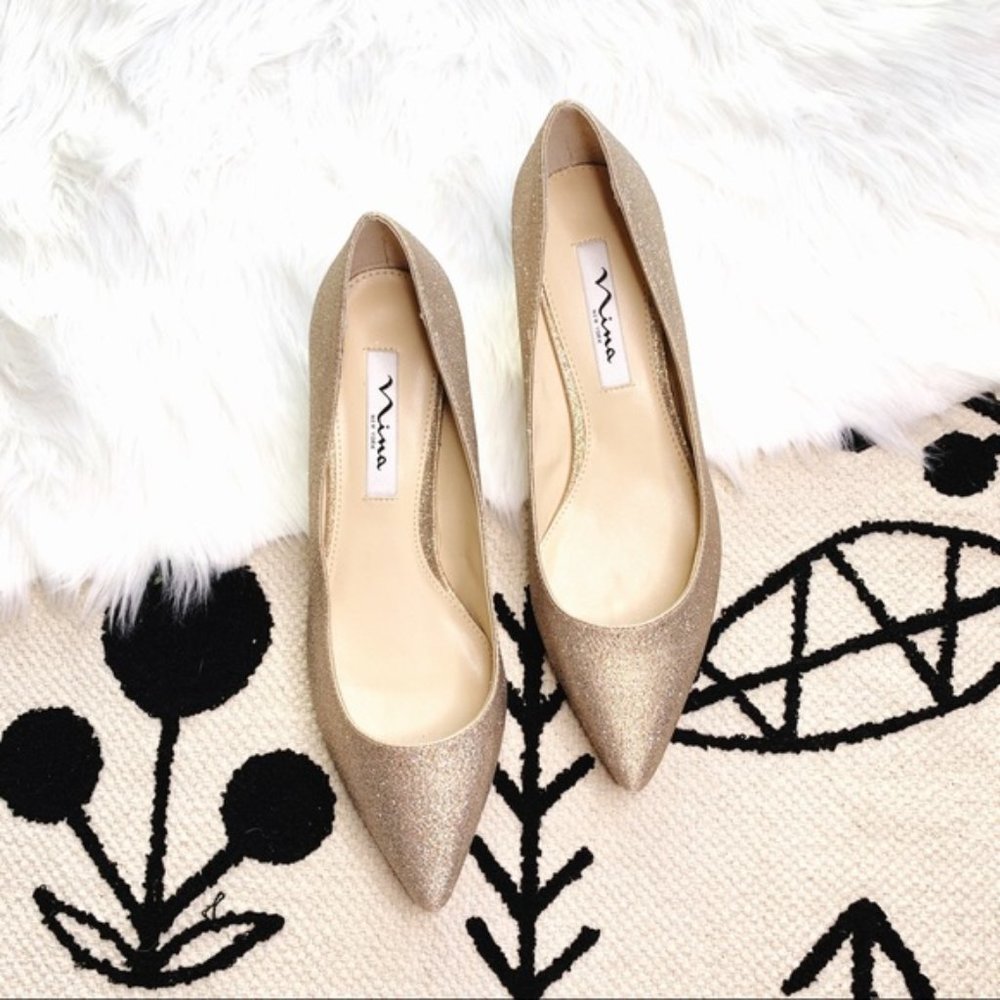 Nina Champagne Gold Pointed Closed Toe Small Wedge Occasion Formal Heel